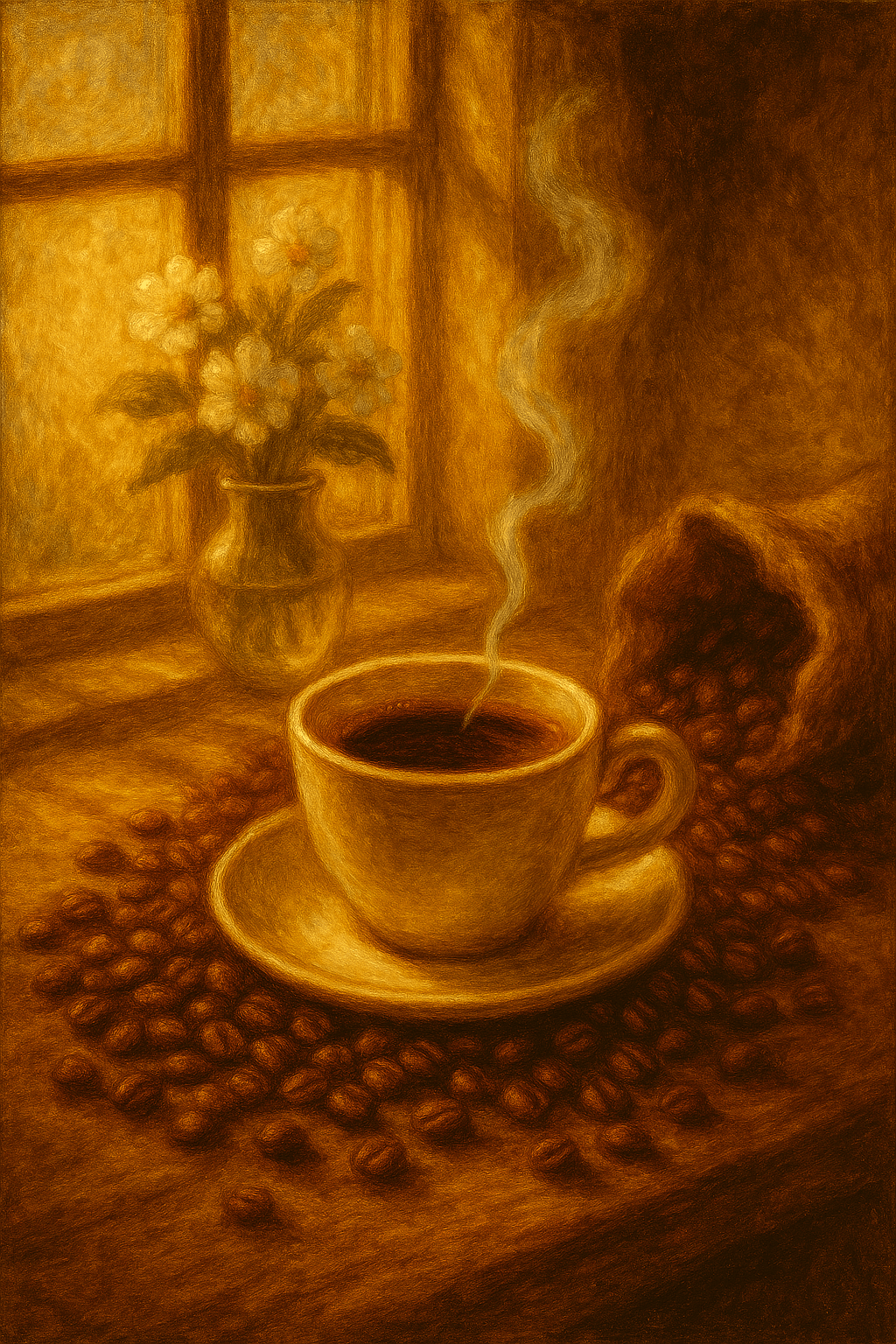 灑入一把金色晨光的咖啡豆